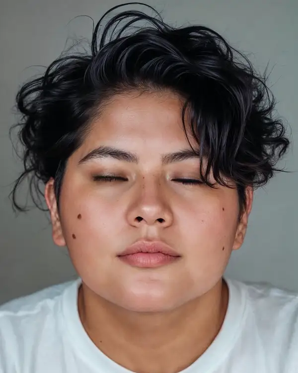 The same person with short wavy black hair, eyes closed, in a white t-shirt against a grey background.