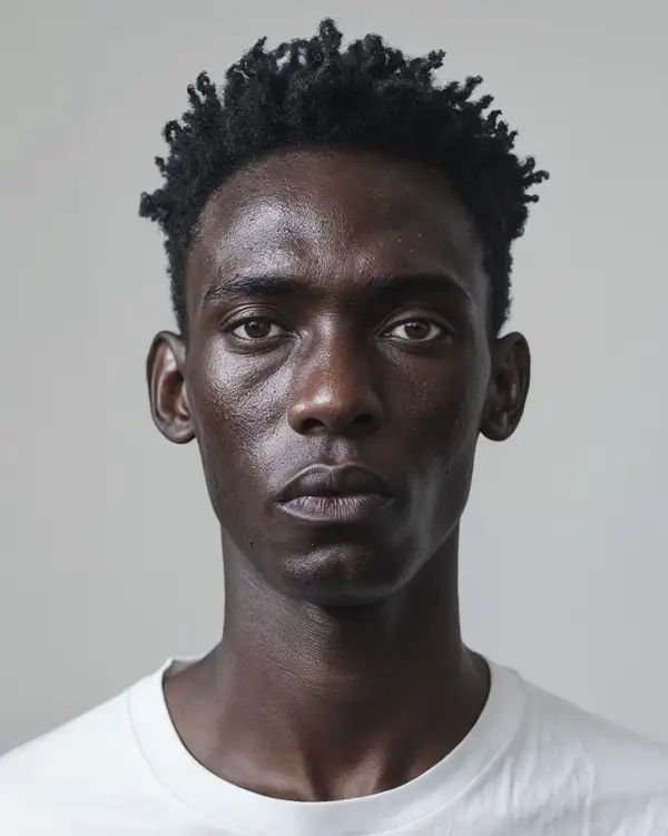 A young man with short twisted black hair, in a white t-shirt against a grey background, looking at the camera.