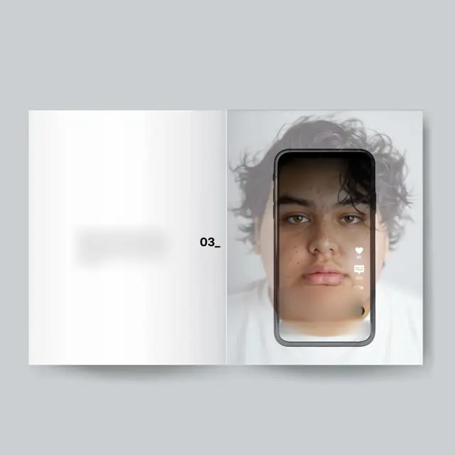 An open book. The left page holds a short list of hashtags, blurred here; the right page shows a portrait seen through a phone screen.