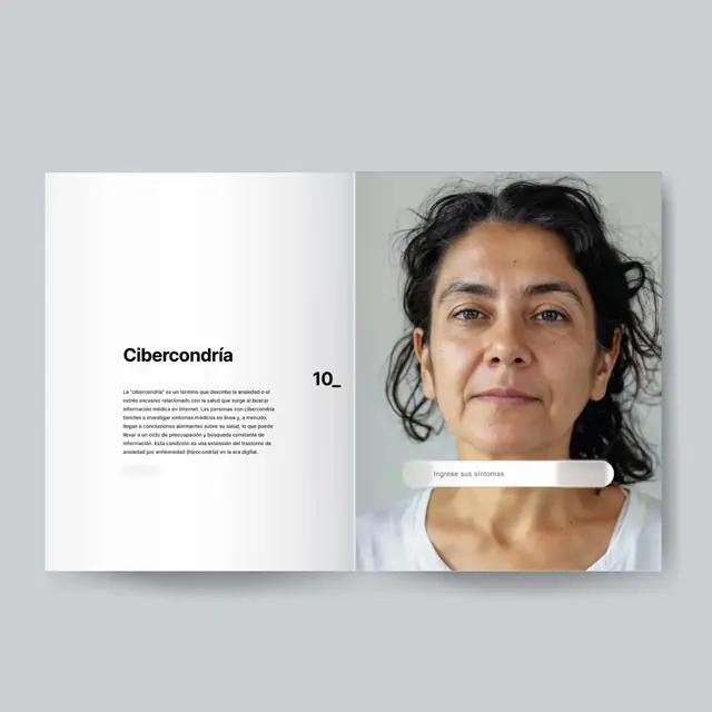 An open book. The left page is titled Cibercondría; the right page shows a portrait with a search bar across the neck that reads Ingrese sus síntomas.