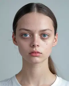 A young woman with her hair pulled back and blue eyes, in a white t-shirt against a grey background, looking at the camera.