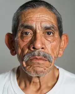 An older man with grey hair and a grey moustache, in a white t-shirt against a grey background, looking at the camera.
