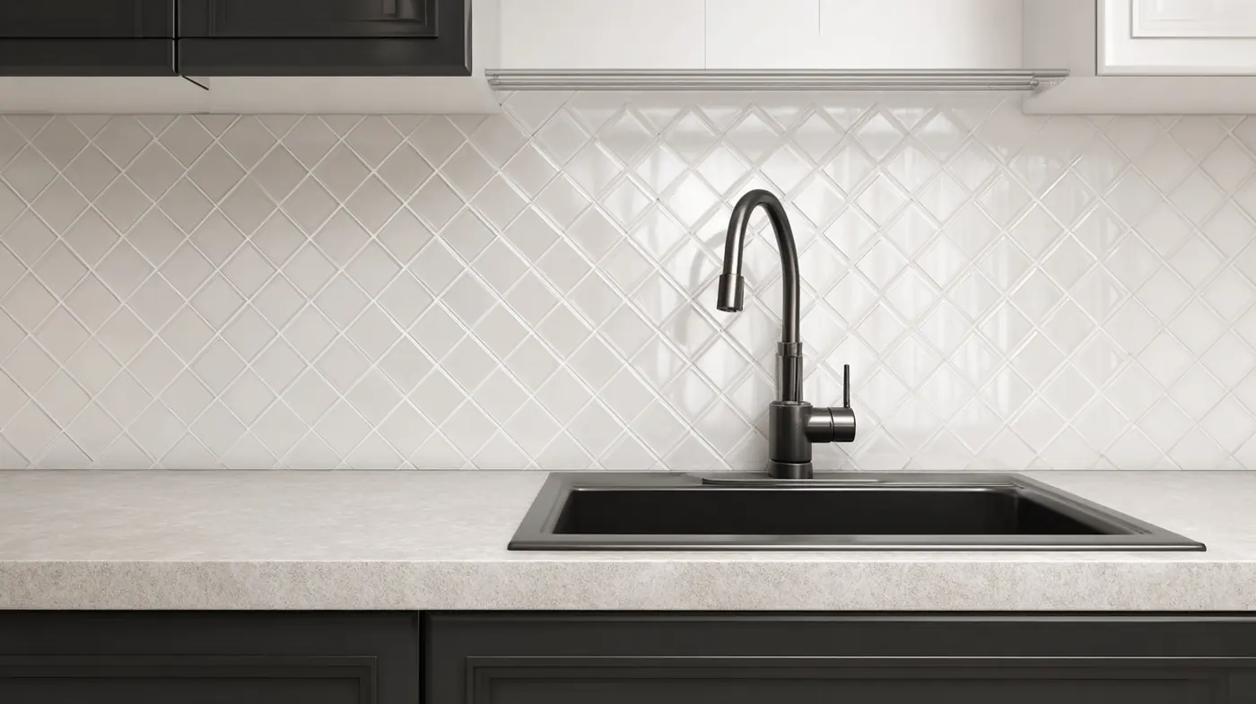 Modern kitchen: light speckled counter with a black sink and matte black faucet.