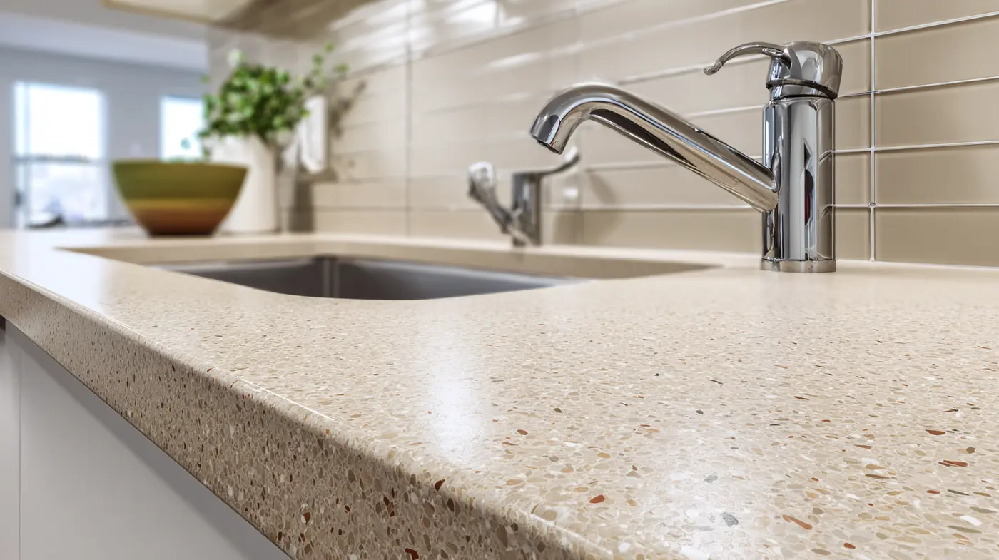Kitchen counter close-up: beige bio-composite surface beside a chrome faucet.