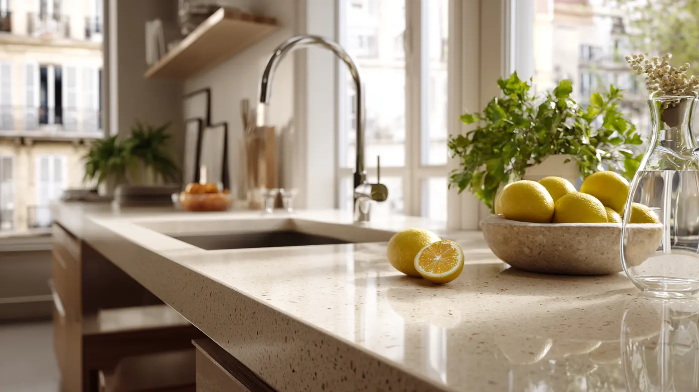 Kitchen lifestyle: lemons, herbs and bread on a thick speckled integrated counter.