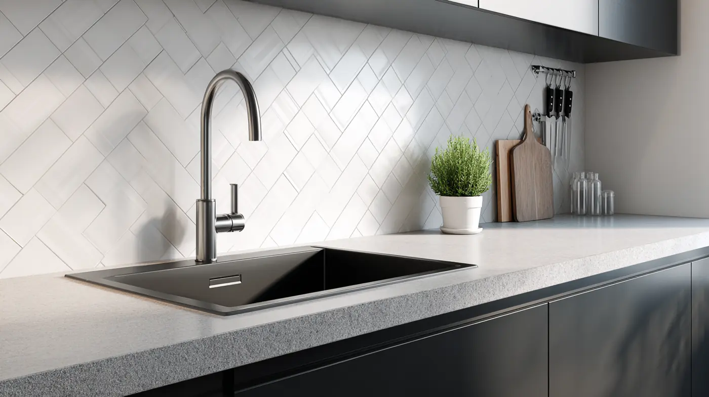 Full kitchen run: speckled counter with cooktop, sink and dark cabinets below.