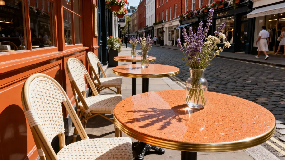 Application shot: orange speckled cafe tables on a sunlit terrace.