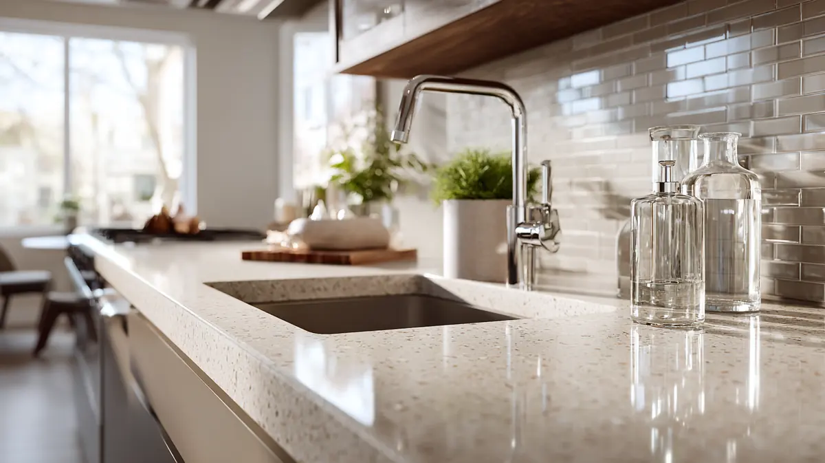 Scene brief: a modern kitchen counter with an inset sink, material applied in context.