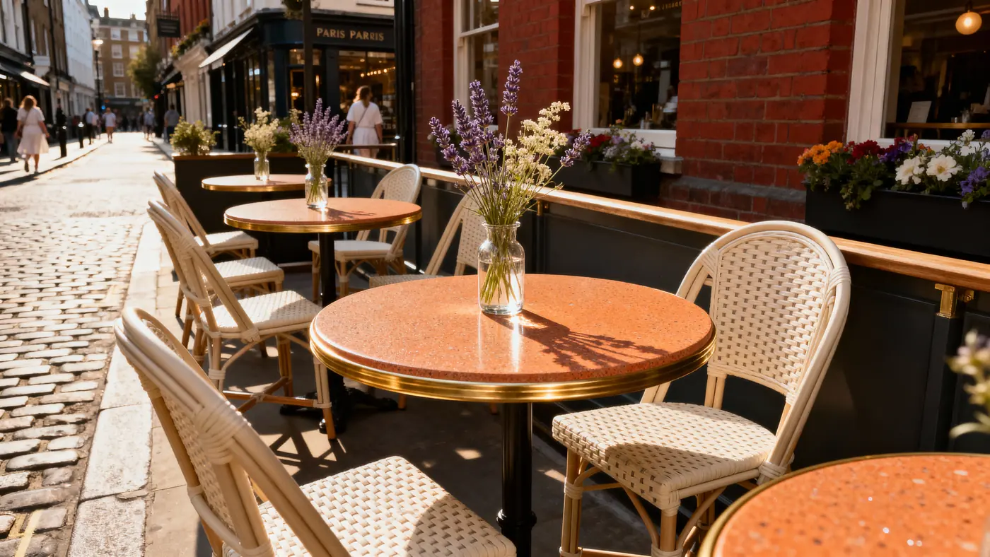 Cafe terrace: round tables with terracotta bio-composite tops on a sunlit cobbled street.