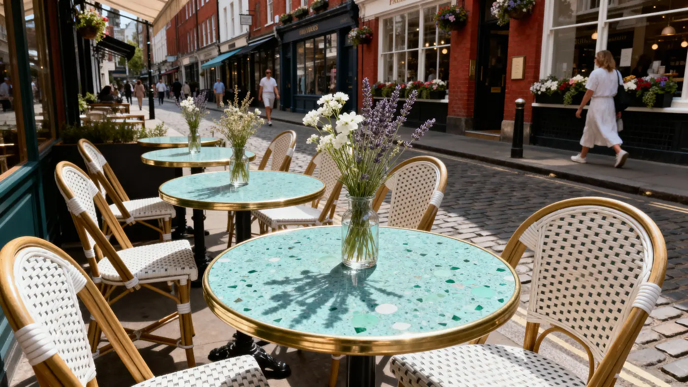 Cafe terrace: mint terrazzo-style tabletops with dark inclusions, gold rims, woven chairs.