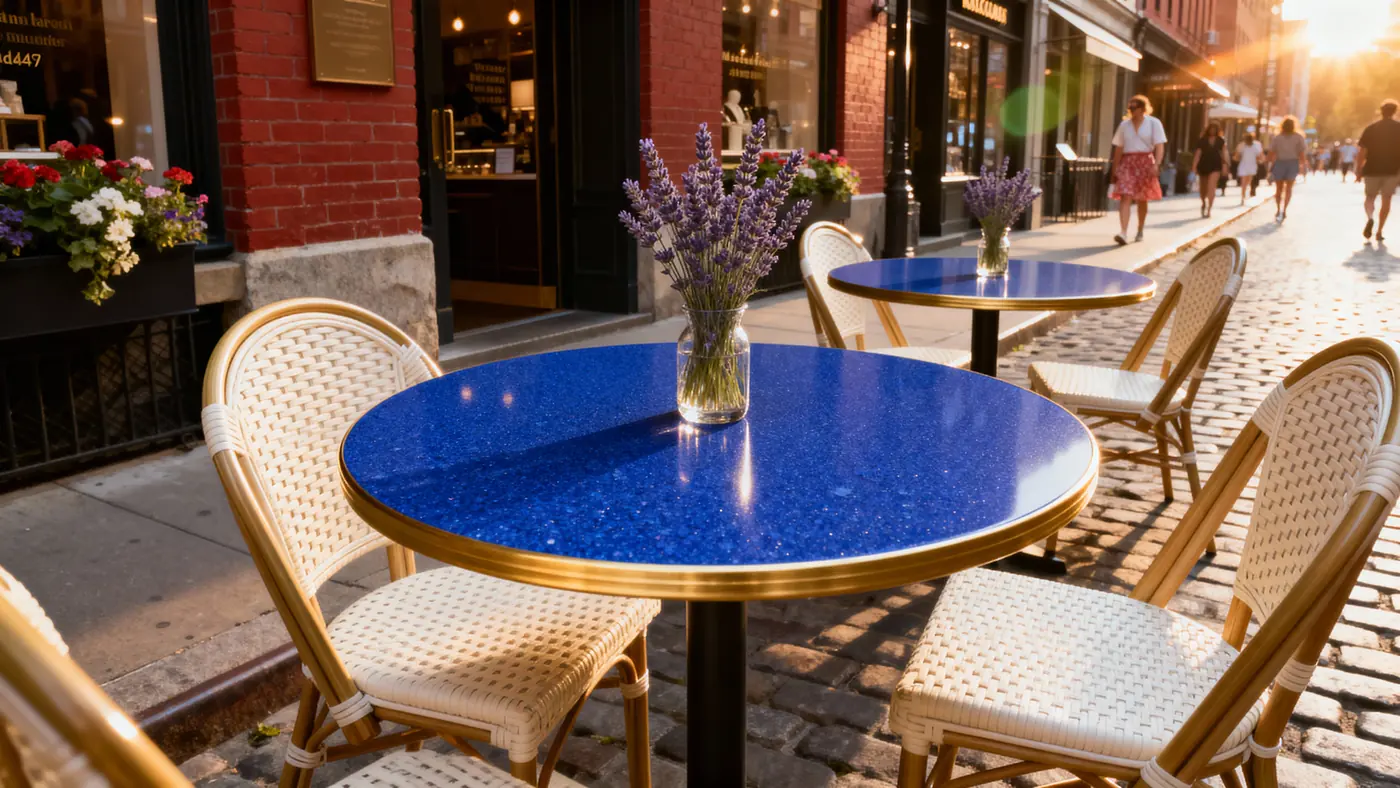 Cafe terrace: deep blue flecked tabletops catching sunlight on the street.