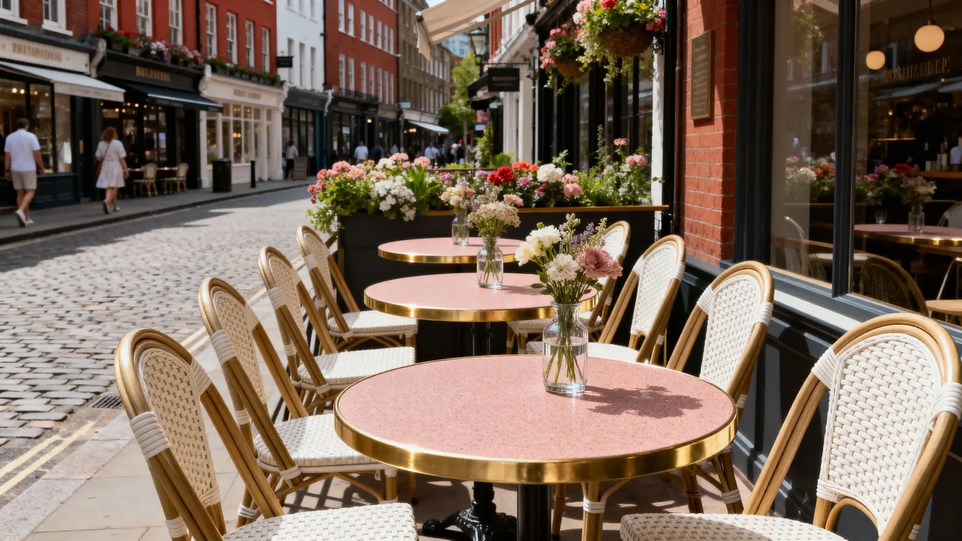 Cafe terrace: soft salmon tabletops with lavender stems in small glass vases.