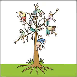 A bare tree on green grass. Small people hang from its branches like fruit.