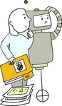 A man holding a yellow folder stands beside a grey figure with a screen for a head, on a pile of drawings.