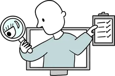 A man leans out of a computer screen, a magnifying glass in one hand, pointing at a checklist with the other.