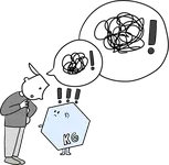 A man looks down, puzzled, at a small KG hexagon; their speech bubbles are tangled scribbles.