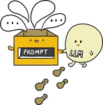 A yellow box marked PROMPT talks to the Round One, marked LLM, who walks off leaving footprints.