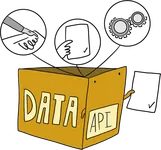 A golden box marked DATA and API, with a pen, a page and gears in bubbles above it.
