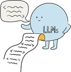 A blue round character marked LLMs unrolls a long page of code.