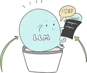An LLM sitting in a pot holds a page of code; speech bubbles say hello in other languages.