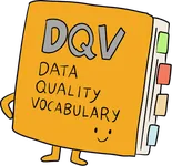 An orange book marked DQV, Data Quality Vocabulary, with coloured tabs and a smile.