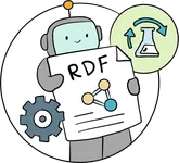 A robot holds an RDF page with a small graph, beside a gear and a flask.