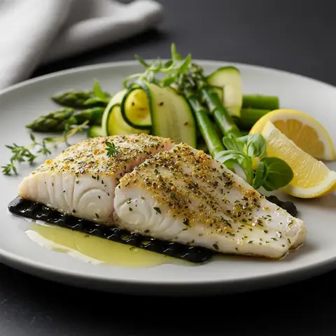 Two white fish fillets with a herb crust on a grey plate, with zucchini ribbons, asparagus and lemon.