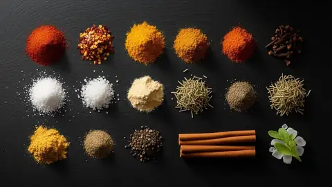 Fifteen small piles of ground spices, salts and dried herbs in rows on black slate, with cinnamon sticks and a sprig of mint.
