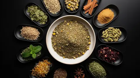 A bowl of a dried herbal blend in the middle, ringed by small black dishes of its ingredients: bay leaves, chamomile, cinnamon, cardamom, hibiscus, mint, star anise.