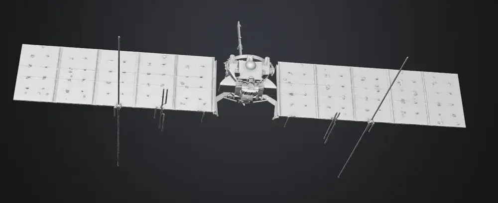 A grey, untextured 3D model of a spacecraft with two long panel wings, seen straight on against a dark background.