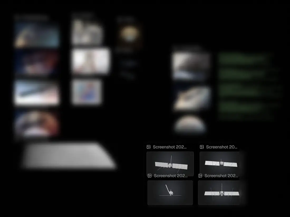 A dark node board: blurred reference images and a blurred column of notes, with four sharp captures of a grey spacecraft model from different angles.