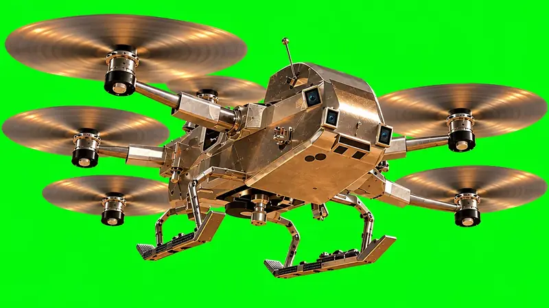 A gold, riveted eight-rotor drone with folded landing legs, isolated on a flat green background.