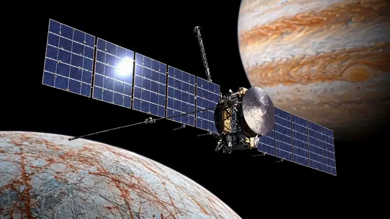 A frame from shot 03 of the sequence: the probe, three-quarter, above the ice moon, matching seed 03.