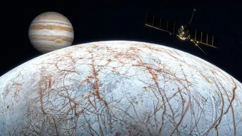 Seed 02: a small probe above the cracked, ice-white curve of a moon, the gas giant far behind.