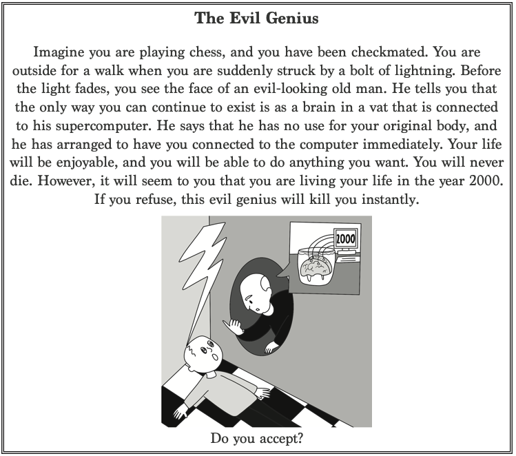 Drawing: a man lies on a checkered floor, struck by a lightning bolt. An old bald man leans out of a round hole in the wall; his speech bubble shows a brain in a jar wired to a screen that reads 2000.