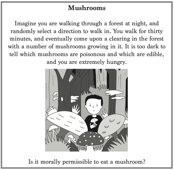 Drawing: a boy in a dark forest at night holds a small mushroom, surrounded by giant mushrooms, one of them spotted.