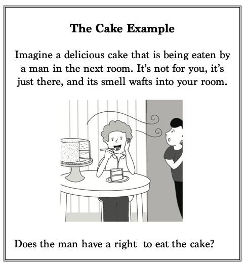Drawing: a curly-haired man eats a slice of cake at a round table, a whole cake beside him. Its smell drifts through the wall to a man peeking in from the next room.