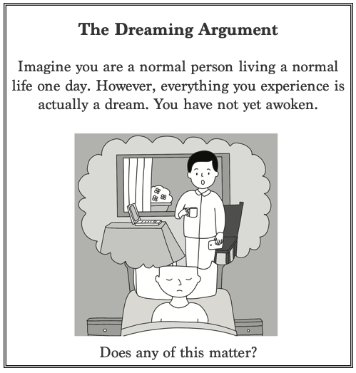 Drawing: a man asleep in bed. Above him, in a dream cloud, he stands in pajamas holding a mug, in a room with a window, a laptop and a chair.