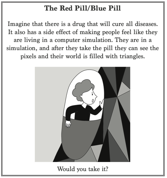 Drawing: a curly-haired woman climbs out of a giant capsule pill into a world of sharp grey triangles.