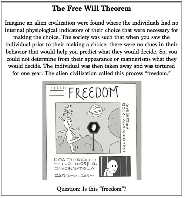 Drawing: a poster titled FREEDOM, written in an invented script. A figure with a weathervane on its head strides toward a stop sign with a hand on it, under a ringed planet; a small panel shows the figure behind bars.