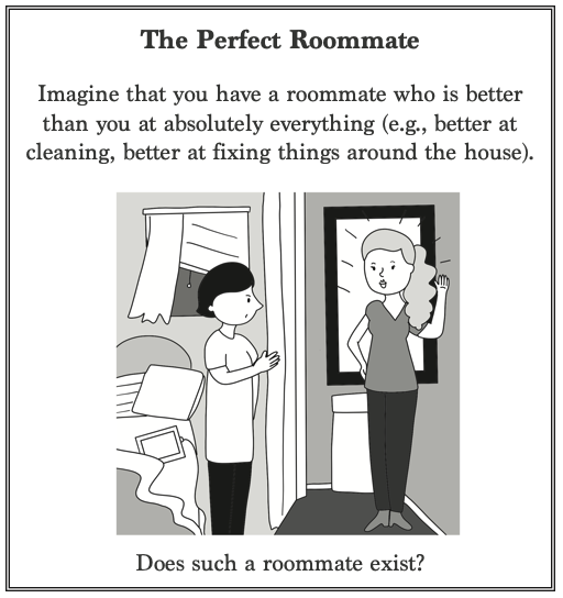 Drawing: a man by a curtain in a bedroom looks at a woman who poses, waving, in front of a glowing mirror.