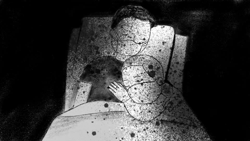 Hand-drawn animation: a patient in a mask, resting in a hospital bed, in stippled white on black.