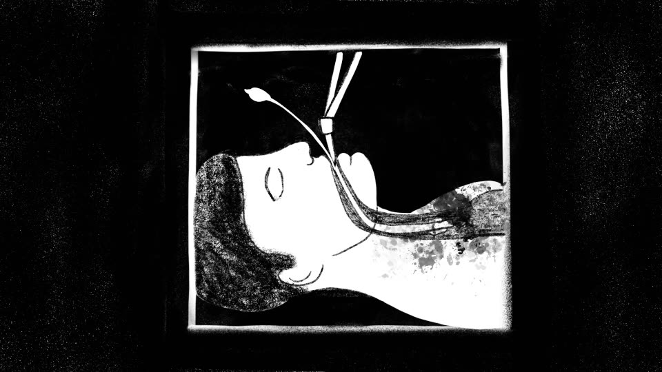 Hand-drawn animation: a framed drawing of a patient breathing through a tube.
