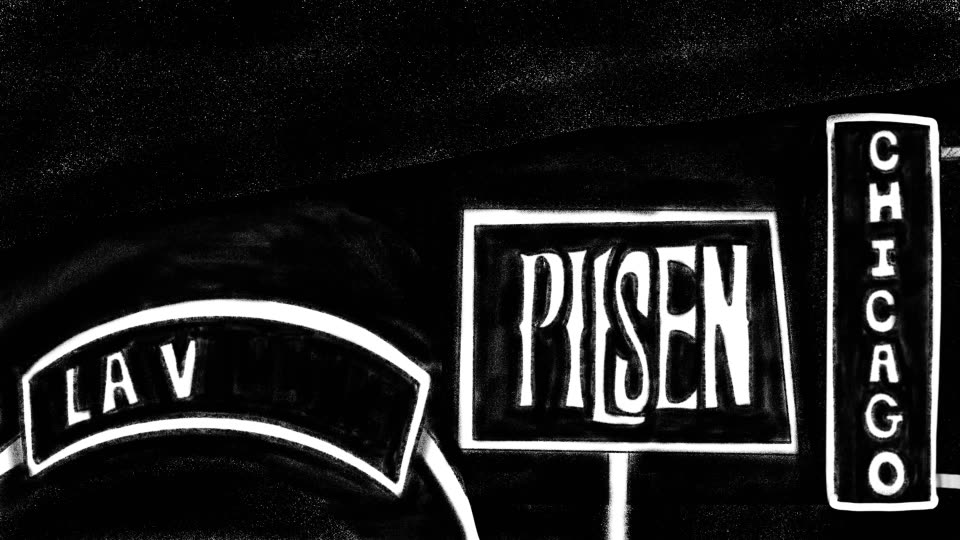 Hand-drawn animation: street signs of a Chicago neighbourhood under a dark, speckled sky.
