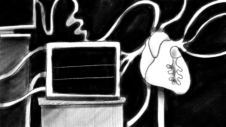 Hand-drawn animation still: a hospital monitor wired to a heart, white lines on black.