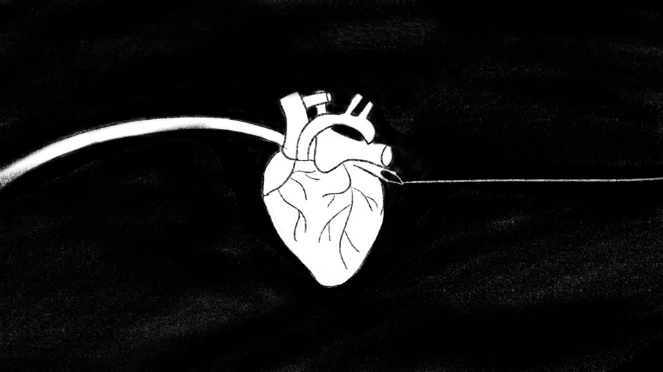 A drawn heart on a thin white line, on black.