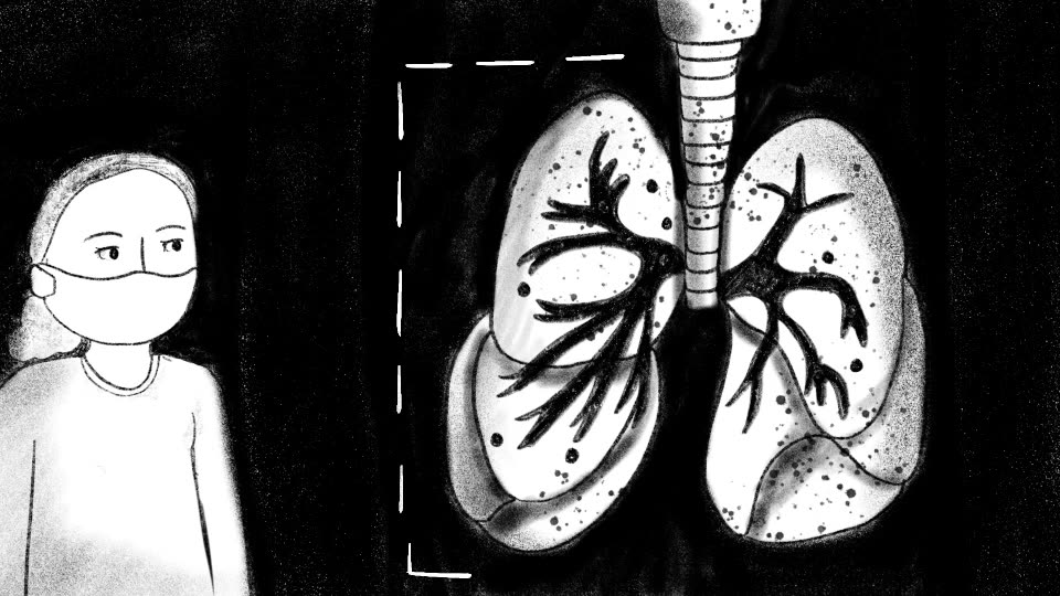 A masked health worker beside a drawing of two lungs.