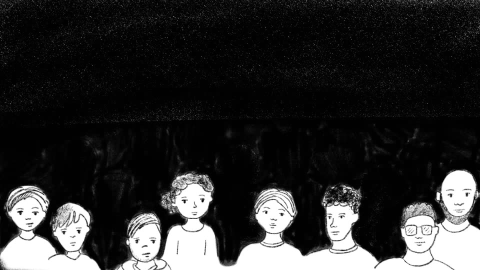 A row of drawn faces, a community, at the bottom of a dark frame.